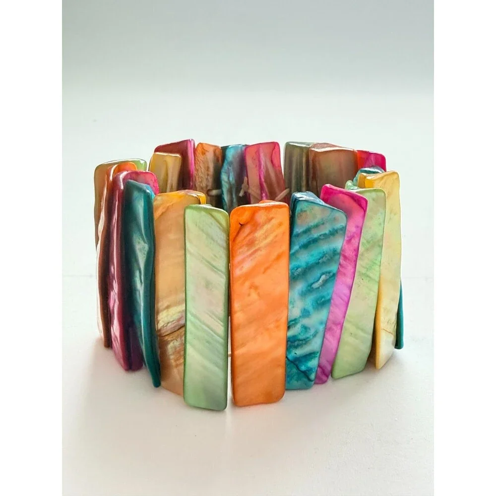 Vintage Multicolor Mother of Pearl Shell Elastic Stretch Cuff Statement Bracelet